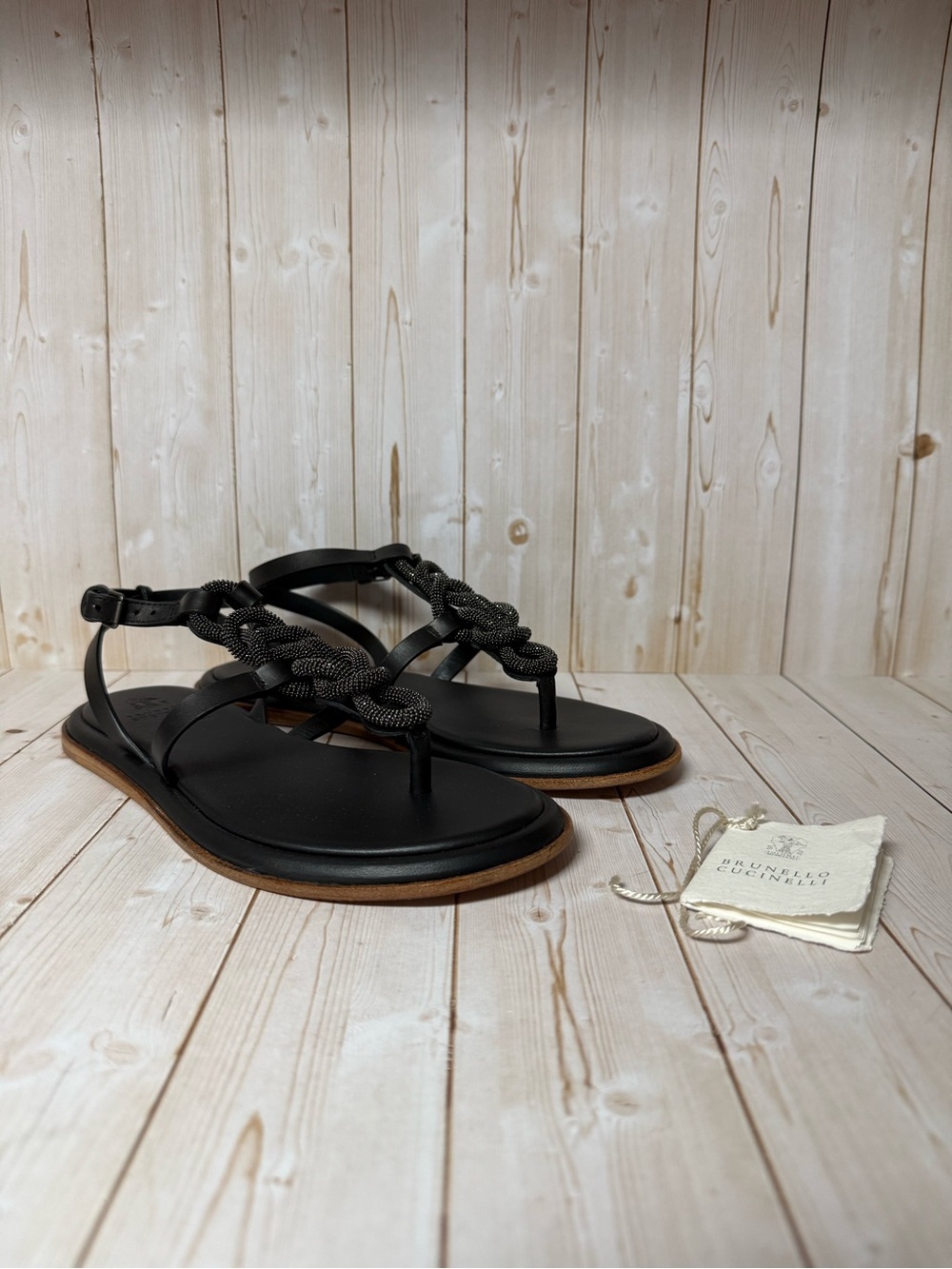 Brunello Cucinelli Monili Bead Braided Leather Sandals Black Sz 35.5 / 5.5